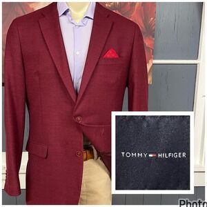 Tommy Hilfiger Hopsack Blazer Mens 44L Long Modern Fit Wool Blend Stretch Red